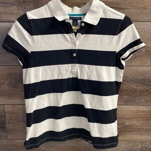 Tommy Hilfiger Ladies Polo Shirt, Size M, Blue and White Wide Stripes